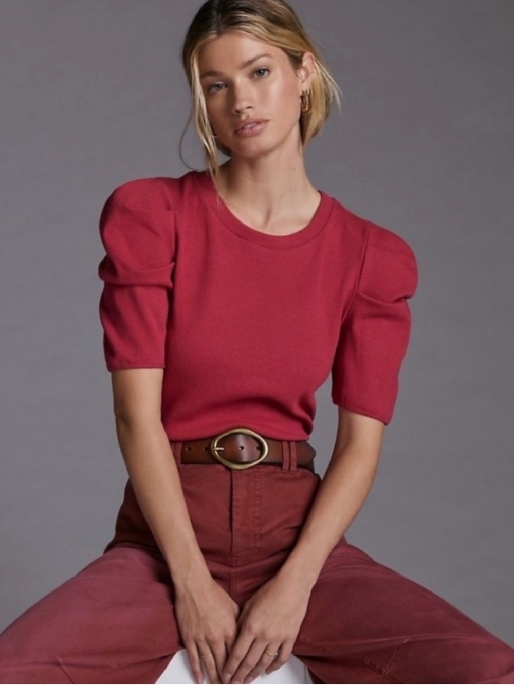 Anthropologie Women’s Size S Magenta Ribbed Puff-Sleeve Top
